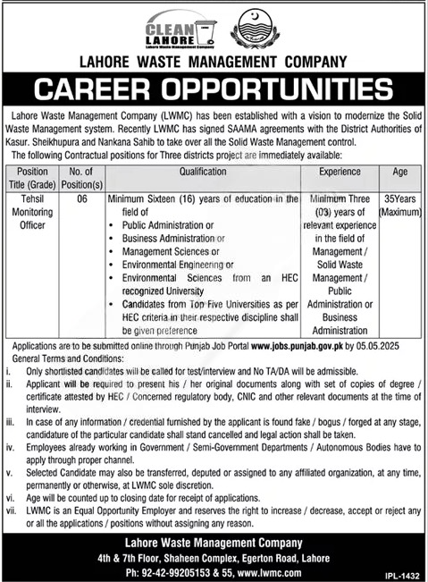 Lahore Waste Management Company (LWMC) Job Openings: Apply Now