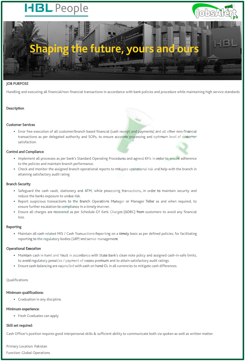 HBL Cash Officer Jobs – Online Apply for a Rewarding Career
