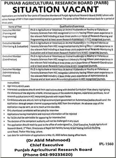 Punjab Agricultural Research Board (PARB) Job Openings 2025: Apply Now for Executive Positions