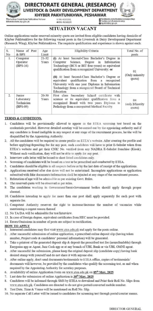 Livestock and Dairy Development Department KPK Jobs 2025: Apply Now