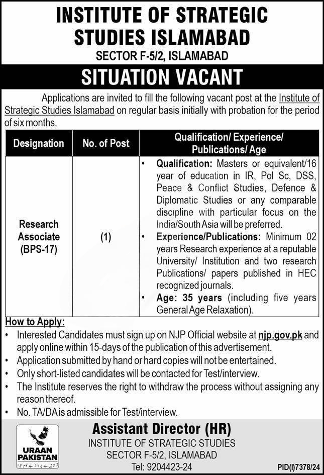 Research Associate Job at Institute of Strategic Studies Islamabad