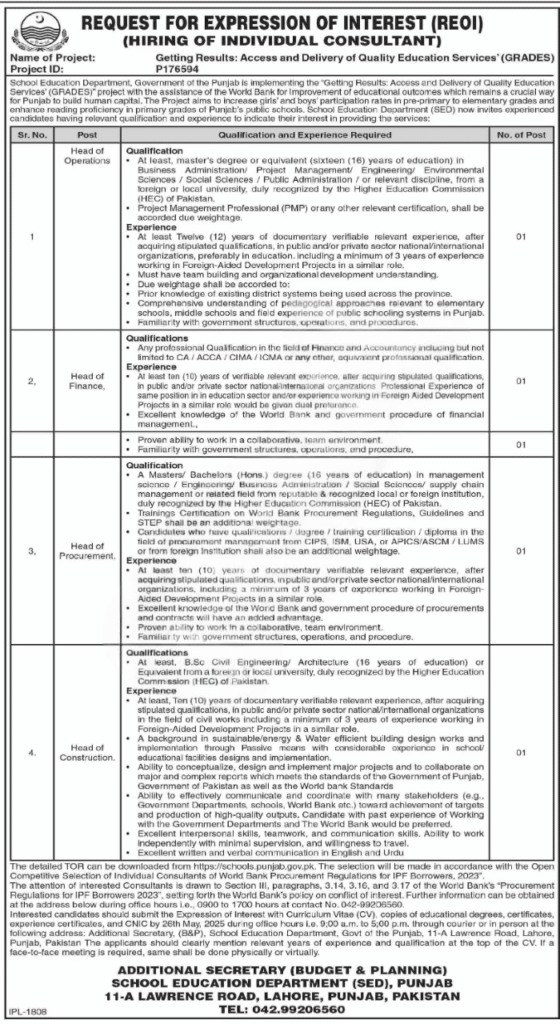 Hiring Consultants for the Punjab Education 