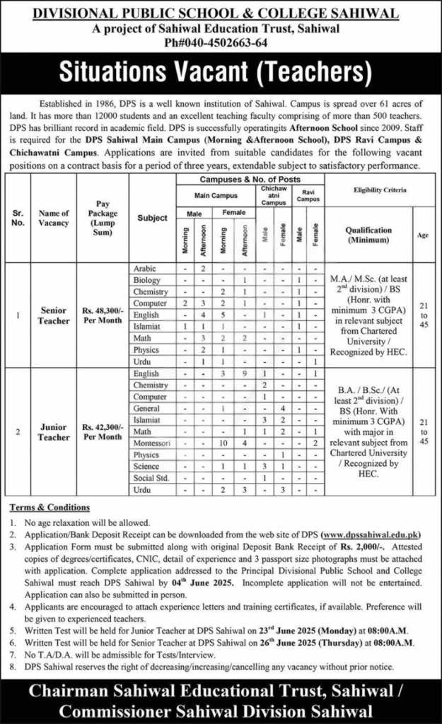 Teaching Vacancies at Divisional Public School & College Sahiwal – 2025