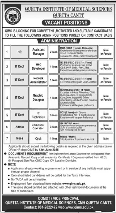 Apply Now: Exciting Career Opportunities at QIMS Quetta Cantt – 2025