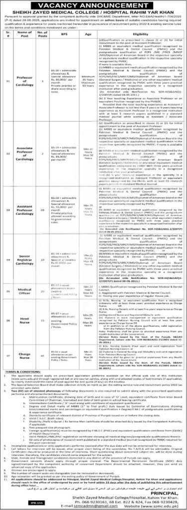 Job Vacancies at Sheikh Zayed Medical College / Hospital Rahim Yar Khan - 2025