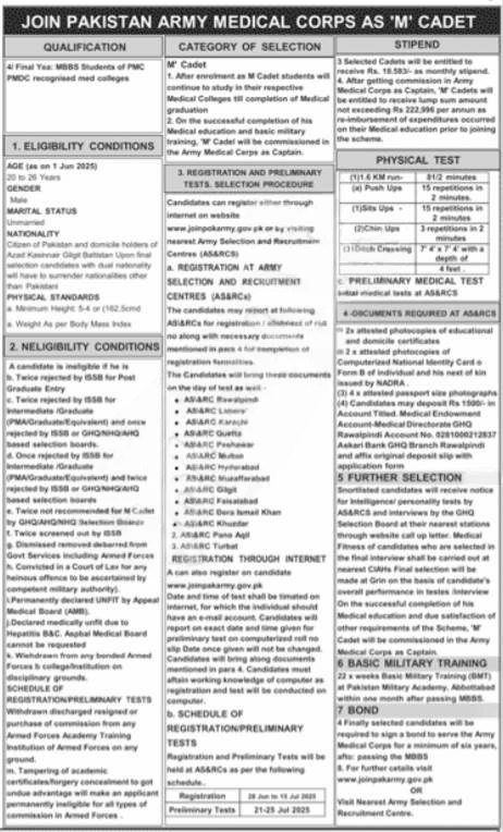 Pakistan Army Medical Corps 'M' Cadet 2025 – A Complete Guide for MBBS Students
