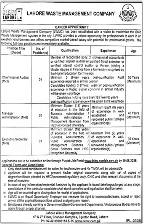 Lahore Waste Management Company Hiring Now-Latest Govt Jobs in Pakistan!
